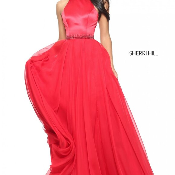 Size 8 (tag 10) red high neck halter gown by Sherri Hill NWT satin/chiffon Aline - Picture 1 of 17